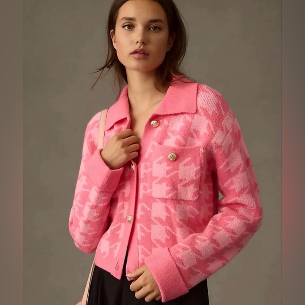 English Factory Houndstooth Cardigan Sweater Jacket Hot Pink Preppy Collegiate S